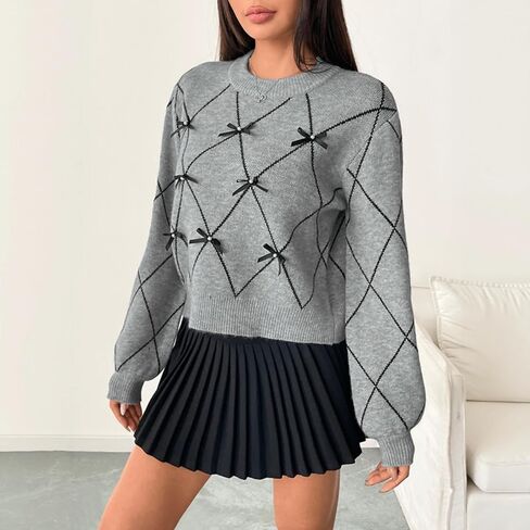 Y2K Cute Bow Sweater for Women, Long Sleeve Crew Neck Knit Pullover Crop Top in Saudi Arabia