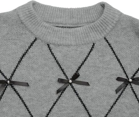 Y2K Cute Bow Sweater for Women, Long Sleeve Crew Neck Knit Pullover Crop Top in Saudi Arabia