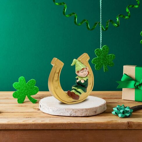 Gift Boutique St. Patrick’s Day Leprechaun on Golden Horseshoe Figurine – Resin Irish Decoration, Lucky Charm Ornament for Home, Office & Holiday Decor in Saudi Arabia