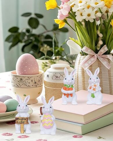 زينة عيد الفصح من ميتيامور، 4 قطع أرنب مع جزر بيض لديكور عيد الفصح، تماثيل راتنج ريفية لمنزل المزرعة، زخارف أرنب داخلية للمنزل، والطاولات، وصينية متدرجة، وعباءة in Kuwait