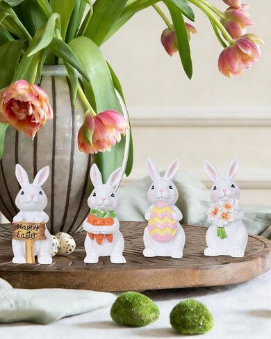 زينة عيد الفصح من ميتيامور، 4 قطع أرنب مع جزر بيض لديكور عيد الفصح، تماثيل راتنج ريفية لمنزل المزرعة، زخارف أرنب داخلية للمنزل، والطاولات، وصينية متدرجة، وعباءة in Kuwait