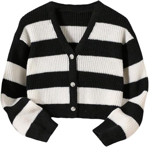 OYOANGLE Girl's Color Block Striped Cropped Cardigan Sweater V Neck Button Up Sweaters Outerwear in Saudi Arabia