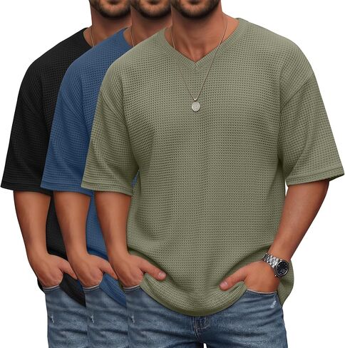 3 Pack Men's Oversized Waffle T-Shirts V Neck Short Sleeve Lightweight Tops Knit Drop Shoulder Casual Pullover Tee in Saudi Arabia