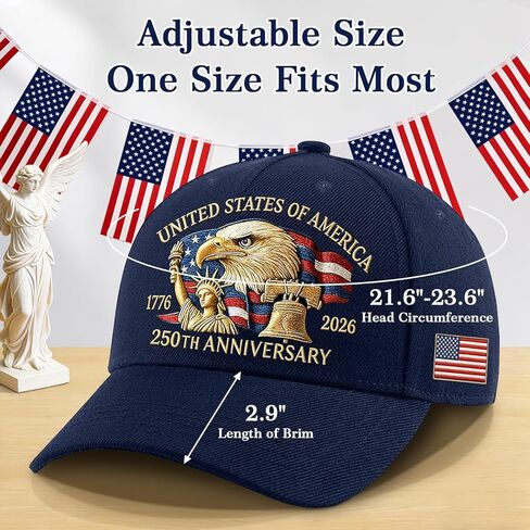قبعة WOKALON للذكرى السنوية الـ 250 للولايات المتحدة الأمريكية، قبعة بيسبول قابلة للتعديل مطبوعة عليها النسر الأمريكي، 1776-2026 قبعات علم الولايات المتحدة للذكرى الـ 250 للرجال والنساء باللون الأزرق الداكن in Kuwait