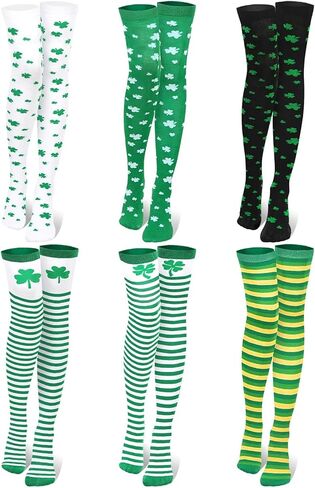 6 أزواج من جوارب St Patricks Day بطول الركبة للنساء جوارب طويلة خضراء إيرلندية محبوكة من قماش شامروك أبيض وأخضر جوارب مخططة in Kuwait