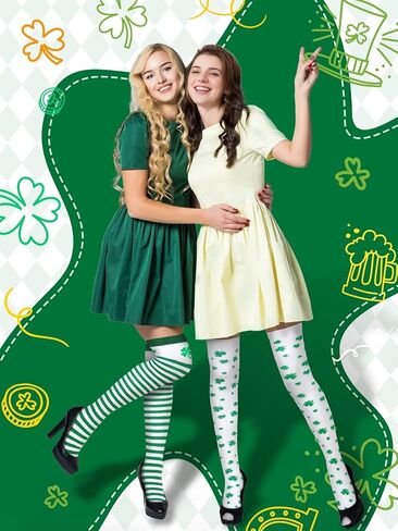 6 أزواج من جوارب St Patricks Day بطول الركبة للنساء جوارب طويلة خضراء إيرلندية محبوكة من قماش شامروك أبيض وأخضر جوارب مخططة in Kuwait