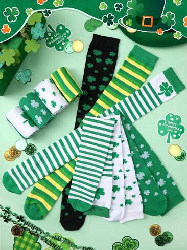 6 أزواج من جوارب St Patricks Day بطول الركبة للنساء جوارب طويلة خضراء إيرلندية محبوكة من قماش شامروك أبيض وأخضر جوارب مخططة in Kuwait