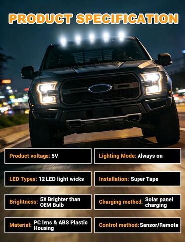مصابيح الكابينة الشمسية للشاحنات المزودة بجهاز تحكم عن بعد، مصابيح LED بيضاء لسقف الحفر بدون جهاز تحكم عن بعد مع مستشعر اهتزاز، مصابيح أمان مقاومة للماء IP67 لمركبات RVs Pickup SUV Van 5PCS in Kuwait