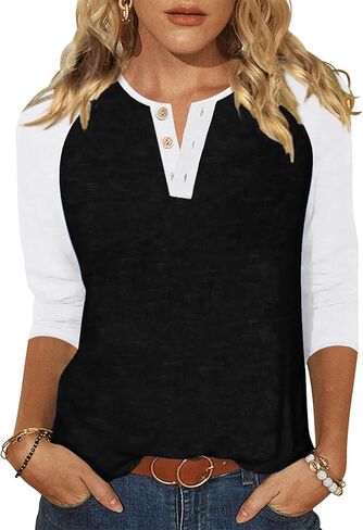 Halife Women's Casual 3/4 Sleeve T Shirts Button V Neck Tunic Blouses Color Block Basic Tee Tops Loose Fit Summer Shirt in Kuwait