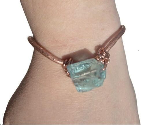 Blue Sea Glass Copper Wire Wrapped Reiki Bracelet Handmade Bangle Cuff Handmade in Saudi Arabia