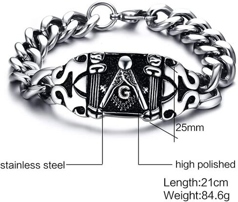Rockyu Brand Popular Bracelet, Stainless Steel, Men's, Masonic Engraved, Chain, Men's Bracelet, Celebrity, Coming-of-Age Ceremony, Gift in Kuwait