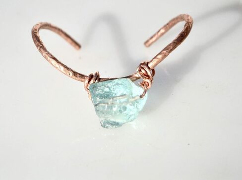 Blue Sea Glass Copper Wire Wrapped Reiki Bracelet Handmade Bangle Cuff Handmade in Saudi Arabia