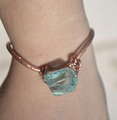 Blue Sea Glass Copper Wire Wrapped Reiki Bracelet Handmade Bangle Cuff Handmade in Saudi Arabia
