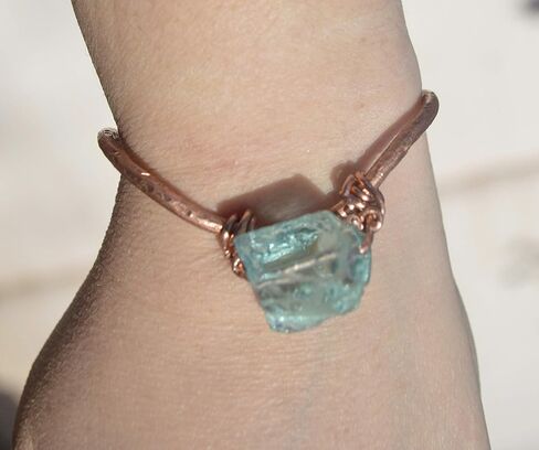 Blue Sea Glass Copper Wire Wrapped Reiki Bracelet Handmade Bangle Cuff Handmade in Saudi Arabia