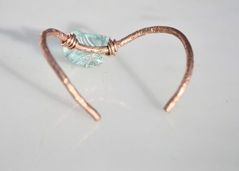 Blue Sea Glass Copper Wire Wrapped Reiki Bracelet Handmade Bangle Cuff Handmade in Saudi Arabia