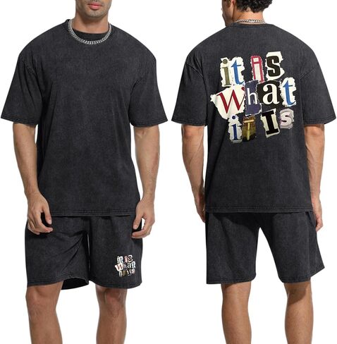 Men's 2 Piece Short Sets Vintage Graphic Letter Print Washed Short Sleeve T Shirts and Drawstring Shorts Set in Saudi Arabia