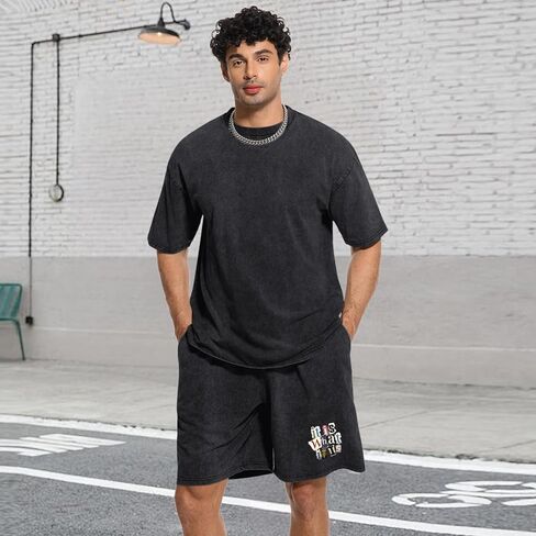 Men's 2 Piece Short Sets Vintage Graphic Letter Print Washed Short Sleeve T Shirts and Drawstring Shorts Set in Saudi Arabia