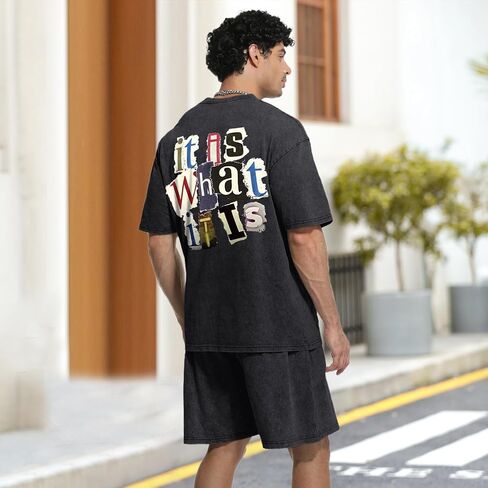 Men's 2 Piece Short Sets Vintage Graphic Letter Print Washed Short Sleeve T Shirts and Drawstring Shorts Set in Saudi Arabia