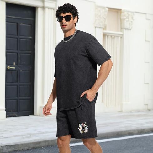 Men's 2 Piece Short Sets Vintage Graphic Letter Print Washed Short Sleeve T Shirts and Drawstring Shorts Set in Saudi Arabia