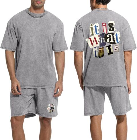 Men's 2 Piece Short Sets Vintage Graphic Letter Print Washed Short Sleeve T Shirts and Drawstring Shorts Set in Saudi Arabia