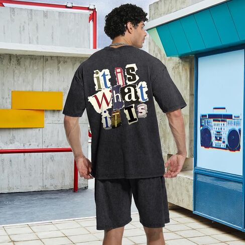 Men's 2 Piece Short Sets Vintage Graphic Letter Print Washed Short Sleeve T Shirts and Drawstring Shorts Set in Saudi Arabia