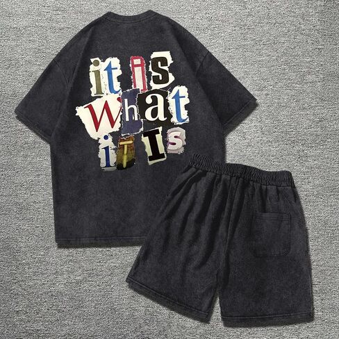 Men's 2 Piece Short Sets Vintage Graphic Letter Print Washed Short Sleeve T Shirts and Drawstring Shorts Set in Saudi Arabia