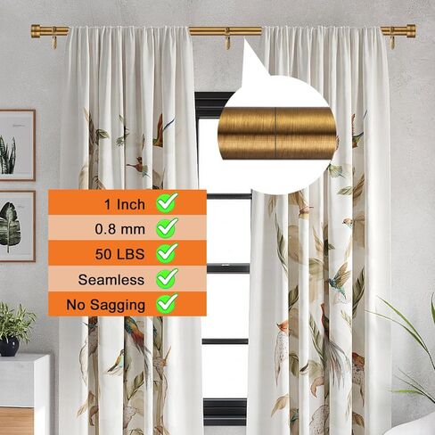 Antique Brass Curtain Rod for Windows 18 to 88 Inches,1 Inch Adjustable Drapery Pole,Heavy Duty Outdoor/Indoor Modern Curtain Rods,Easy Installation(Antique Brass 18"-88") in Saudi Arabia