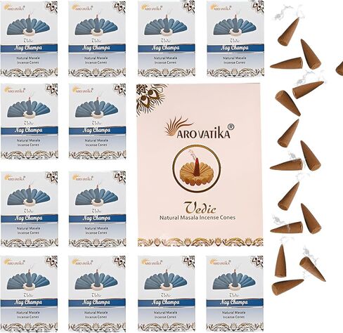ARO VATIKA Vedic Natural Masala 120 مخروط بخور في عبوة من 12 صندوقًا | 12 عطرًا متنوعًا | الأفضل للصلاة والريكي والتأمل والاسترخاء | وقت الحرق - 25 دقيقة (متنوع) in Kuwait