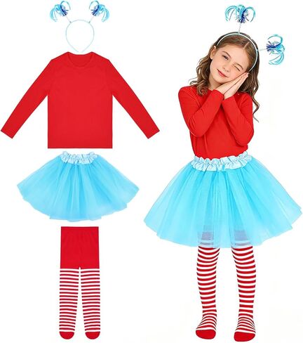 Girls Tulle Tutu Costume Set - Blue/Red Tulle Skirt, Red Long T-Shirt, Stretch Striped Pants & Ponytails Headband in Saudi Arabia