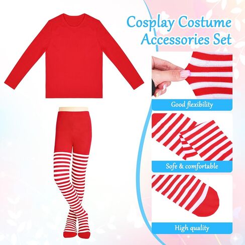 Girls Tulle Tutu Costume Set - Blue/Red Tulle Skirt, Red Long T-Shirt, Stretch Striped Pants & Ponytails Headband in Saudi Arabia