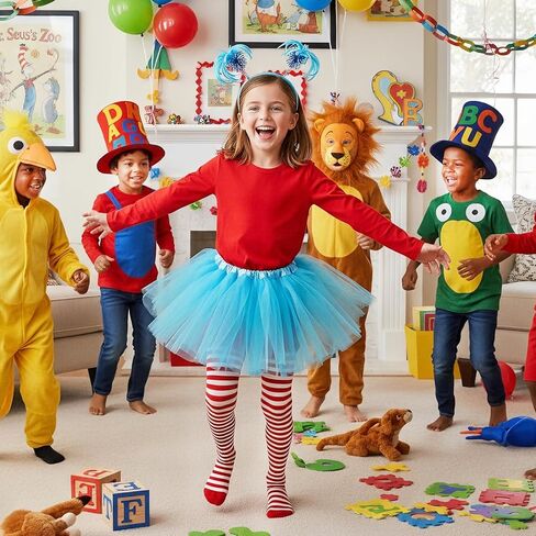 Girls Tulle Tutu Costume Set - Blue/Red Tulle Skirt, Red Long T-Shirt, Stretch Striped Pants & Ponytails Headband in Saudi Arabia