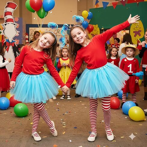 Girls Tulle Tutu Costume Set - Blue/Red Tulle Skirt, Red Long T-Shirt, Stretch Striped Pants & Ponytails Headband in Saudi Arabia