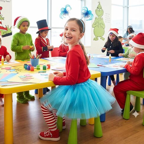 Girls Tulle Tutu Costume Set - Blue/Red Tulle Skirt, Red Long T-Shirt, Stretch Striped Pants & Ponytails Headband in Saudi Arabia
