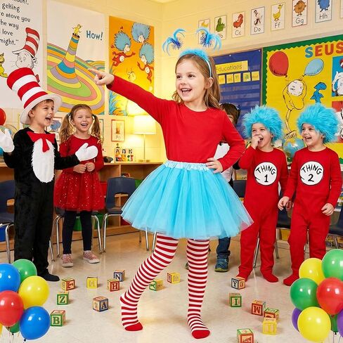 Girls Tulle Tutu Costume Set - Blue/Red Tulle Skirt, Red Long T-Shirt, Stretch Striped Pants & Ponytails Headband in Saudi Arabia