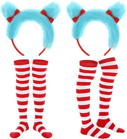 4 Pcs Blue Costume Accessories Set Include 2 Blue Fuzzy Headbands 2 Striped High Socks for Adults Cosplay Party in Saudi Arabia