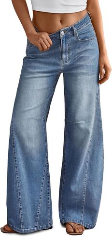 Trendy Queen Women's High Waisted Wide Leg Barrel Jeans Stretch Baggy Flare Denim Pants in Kuwait