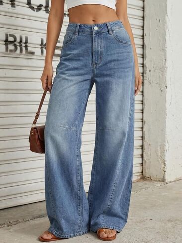 Trendy Queen Women's High Waisted Wide Leg Barrel Jeans Stretch Baggy Flare Denim Pants in Kuwait