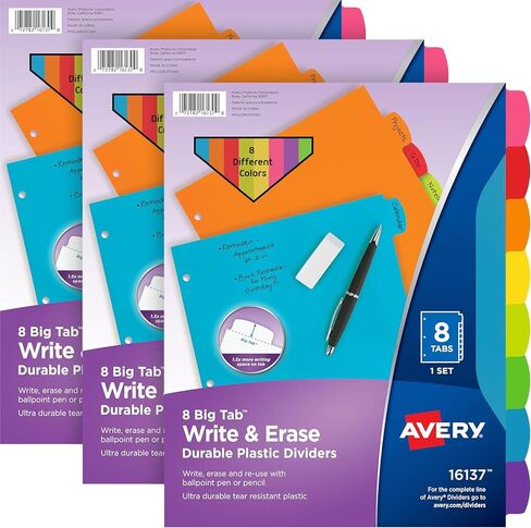 Avery Binder Tabs - 3 Ring Binder Dividers with Tabs - Write & Erase Durable - Plastic Dividers - 8-tab Set - 8 Assorted Colors - 3 Sets of Big Tab Dividers for 3 Ring Binder in Kuwait