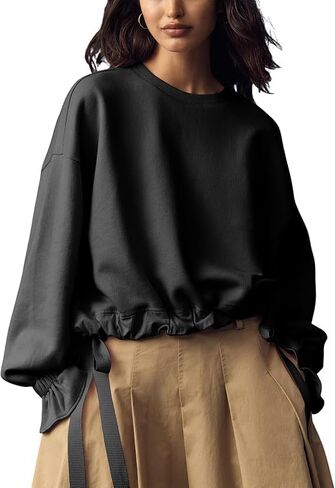 Women's Long Sleeve Sweatshirts Crewneck Casual Tops Oversized Drawstring Pullover Hem Ruffle Cuff Blouse in Saudi Arabia