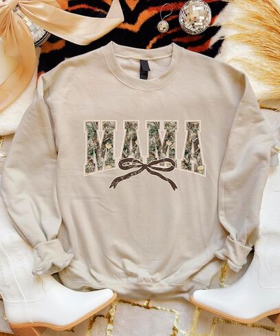 Olive Loves Apple Trendy Camo Mama Sweatshirt - Distressed Camouflage Sweater for Mom - Coquette Bow Pullover in Saudi Arabia