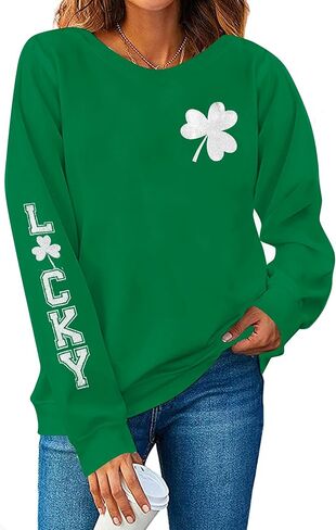 سويت شيرت KIMSOONG St. Patrick's Day للنساء مزين بالترتر وطباعة نبات النفل وأكمام طويلة بلوفر علوي in Kuwait