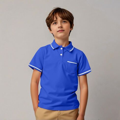Boys String Pique Polo Shirts Short Sleeve Button Closure Shirt School Uniform Performance Shirt with Chest Pocket in Saudi Arabia