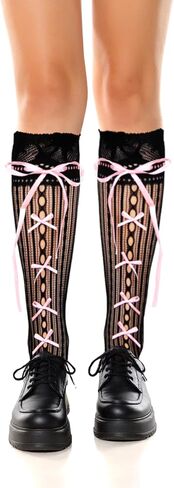 Womens Lace Knee High Stockings Cute Ruffle Mesh Lace Knee High Socks Black White Long Calf Fishnet Stocking Socks in Saudi Arabia