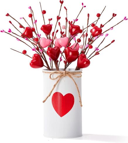 قطع مركزية لعيد الحب للطاولات، ديكور طاولة عيد الحب مع مزهرية معدنية بيضاء مطبوعة على شكل قلب، 4 قطع من الزهور الاصطناعية على شكل قلب، ديكورات طاولة عيد الحب في الأماكن المغلقة للمنزل والمطبخ in Kuwait