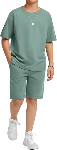 Boy's 2 Piece Outfits Set Summer Comfy Crewneck Oversized Short Sleeve Shirts Shorts Casual Clothing 5-14 Years in Kuwait