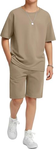 Boy's 2 Piece Outfits Set Summer Comfy Crewneck Oversized Short Sleeve Shirts Shorts Casual Clothing 5-14 Years in Kuwait