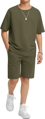 Boy's 2 Piece Outfits Set Summer Comfy Crewneck Oversized Short Sleeve Shirts Shorts Casual Clothing 5-14 Years in Kuwait