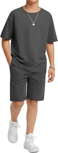 Boy's 2 Piece Outfits Set Summer Comfy Crewneck Oversized Short Sleeve Shirts Shorts Casual Clothing 5-14 Years in Kuwait