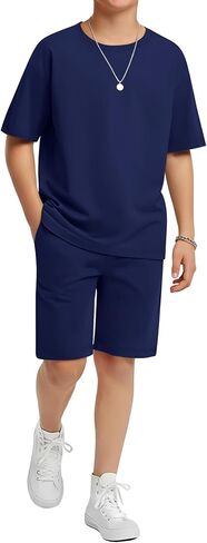 Boy's 2 Piece Outfits Set Summer Comfy Crewneck Oversized Short Sleeve Shirts Shorts Casual Clothing 5-14 Years in Kuwait