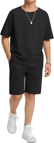 Boy's 2 Piece Outfits Set Summer Comfy Crewneck Oversized Short Sleeve Shirts Shorts Casual Clothing 5-14 Years in Kuwait
